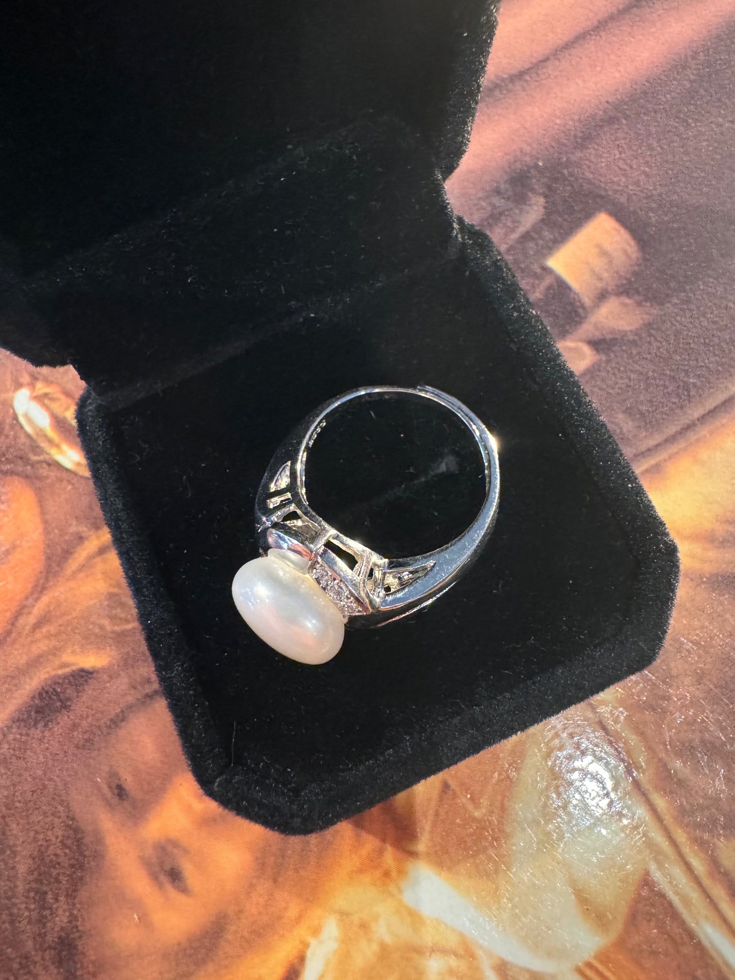 Vintage Sterling Silver Pearl & Clear Cubic Zirconia Ring (Size: 7.5 / P Adjustable)