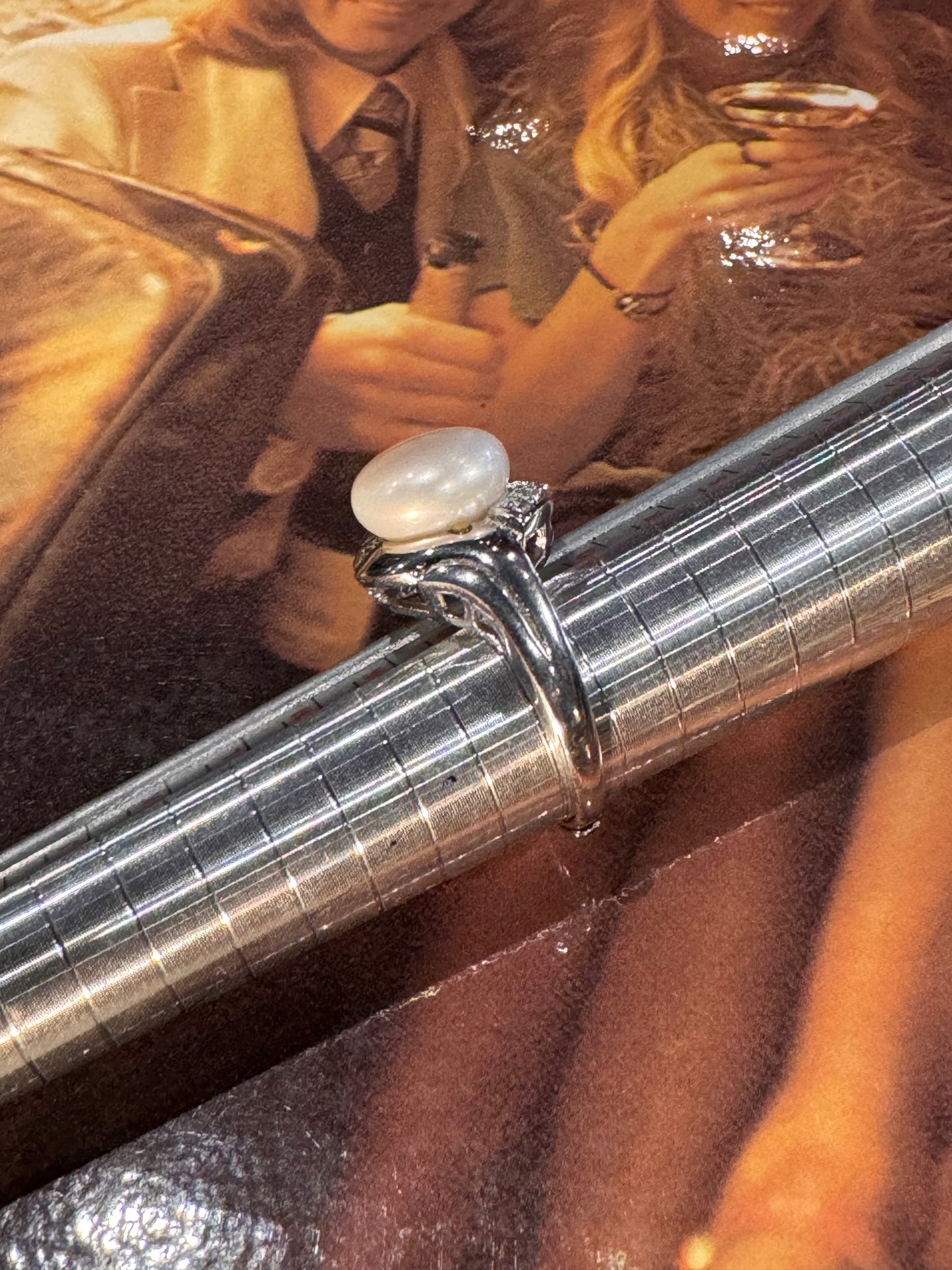 Vintage Sterling Silver Pearl & Clear Cubic Zirconia Ring (Size: 7.5 / P Adjustable)