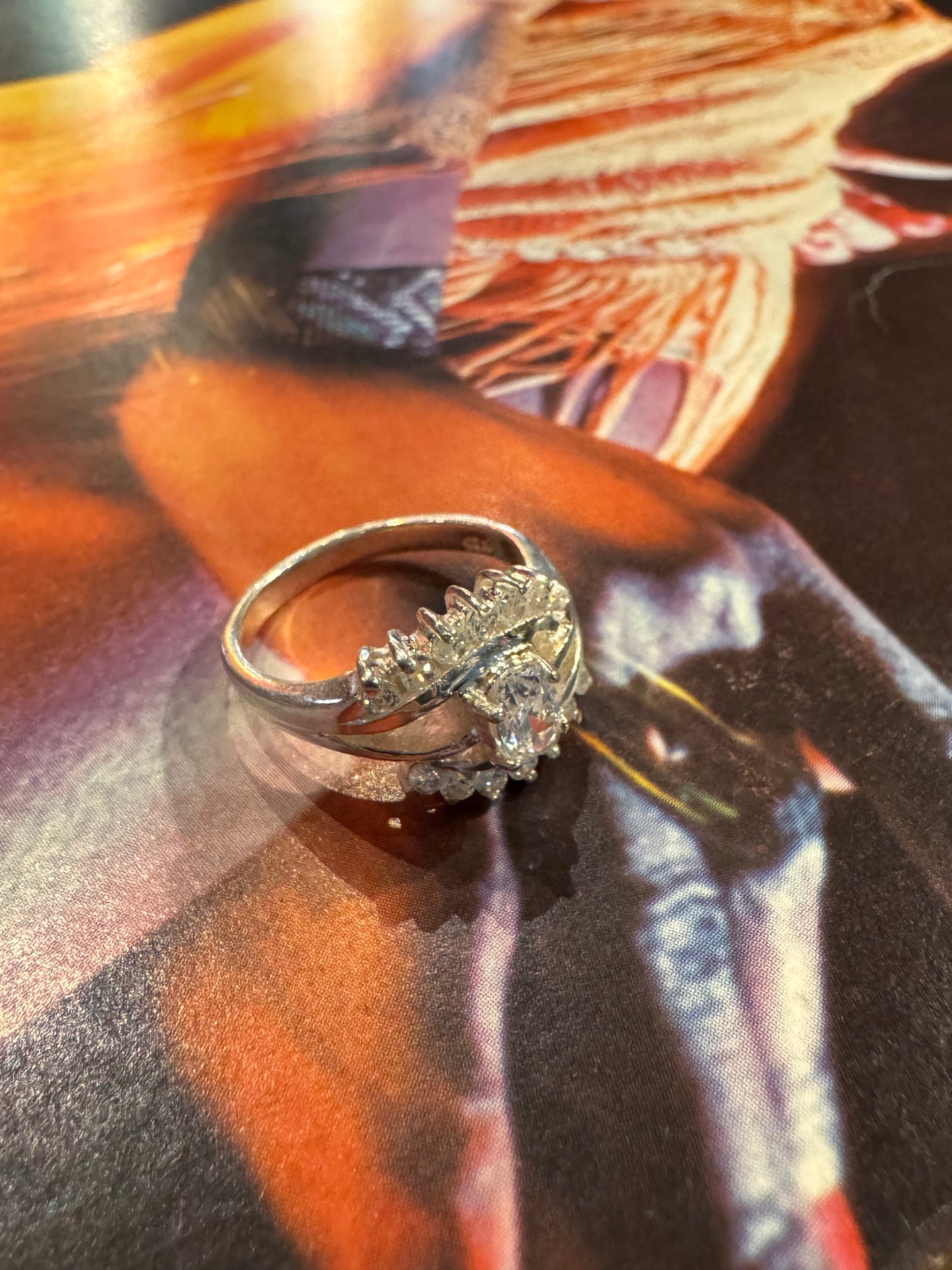 Vintage Cubic Zirconia Cluster Sterling Silver Ring - 925