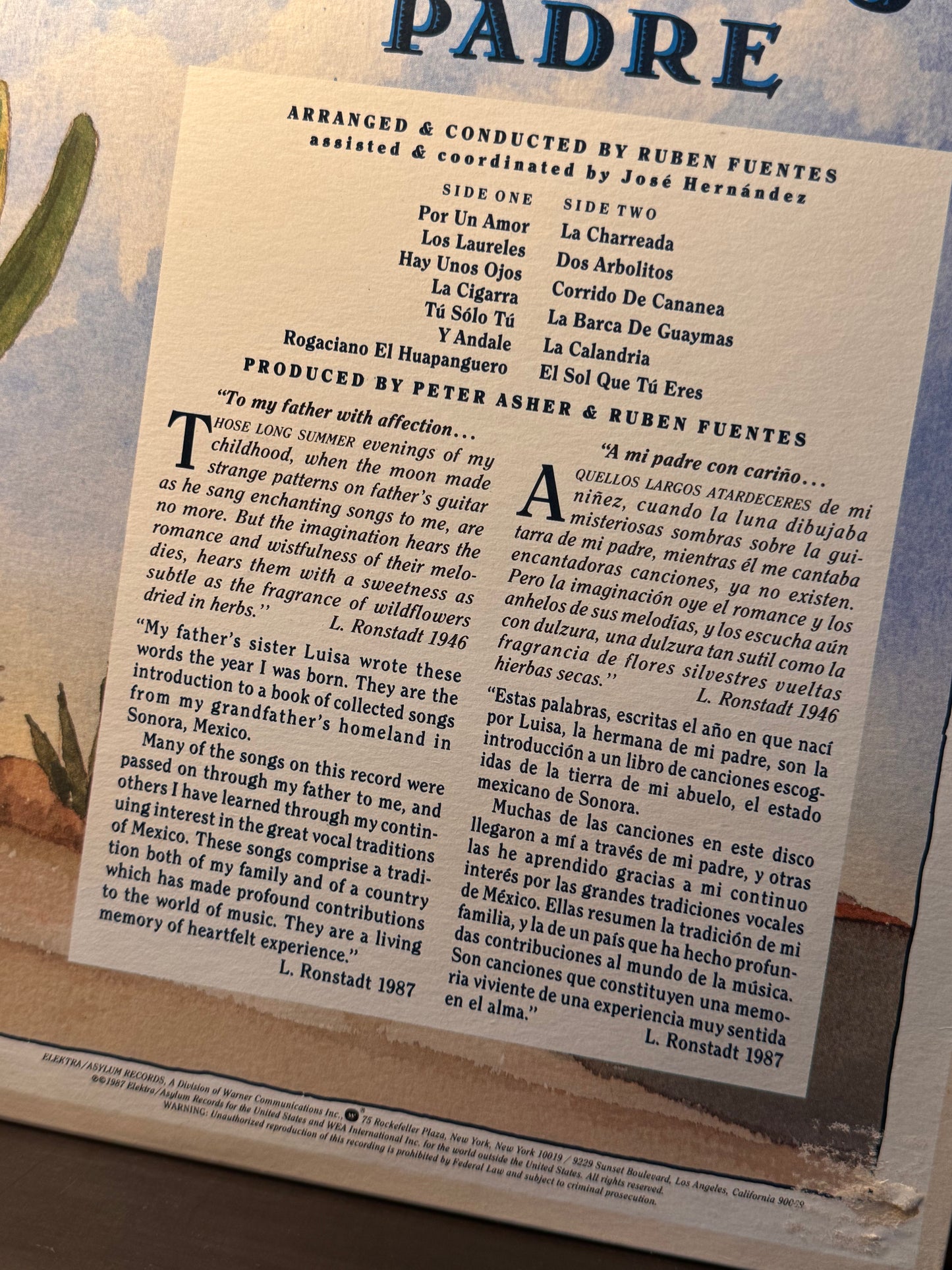 Linda Ronstadt - 'Canciones de mi Padre' Vintage Vinyl