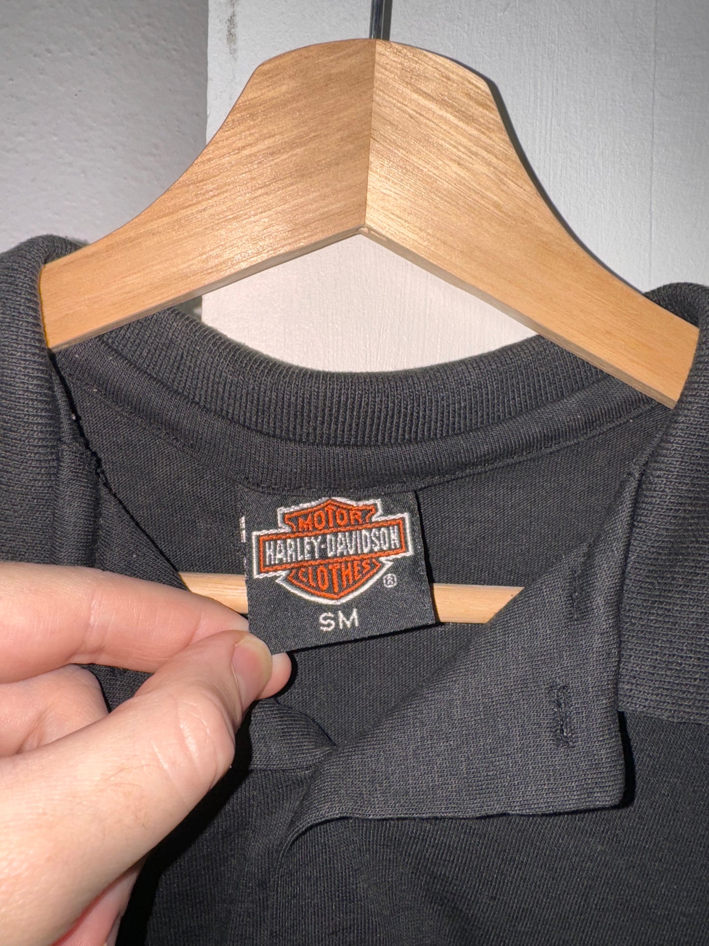 Late 80s Single Stitch Harley Davidson Black Graphic Polo Tee [S/M]