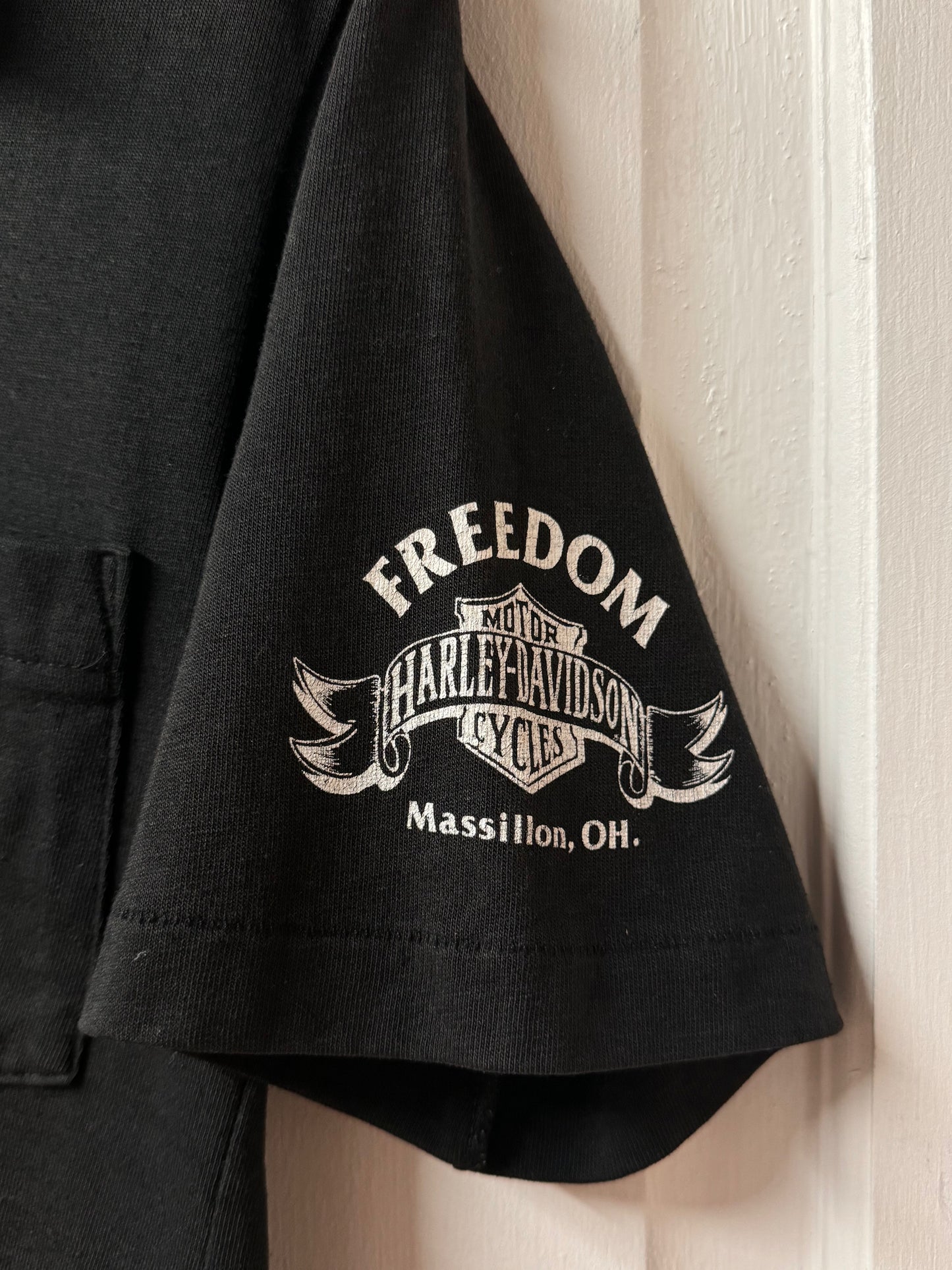 Late 80s Single Stitch Harley Davidson Black Graphic Polo Tee [S/M]